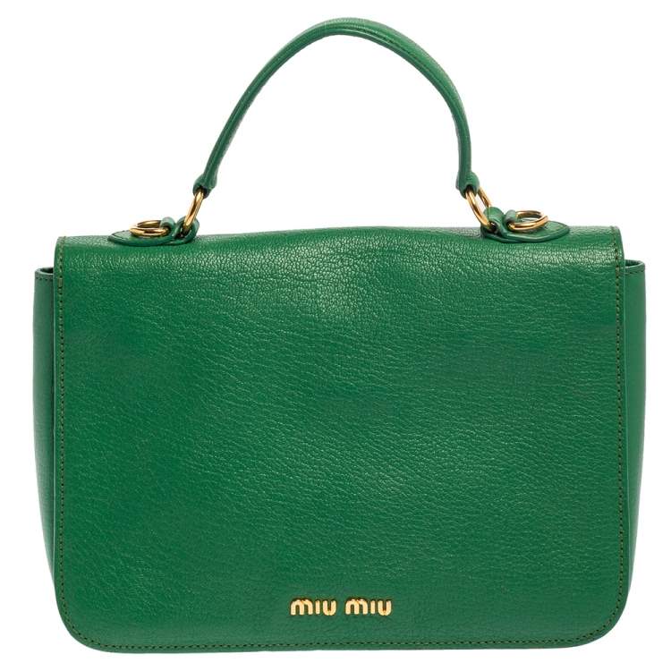 Pre Owned Miu Miu Green Madras Leather Push Lock Flap Top Handle Bag