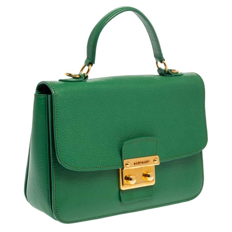 Pre Owned Miu Miu Green Madras Leather Push Lock Flap Top Handle Bag