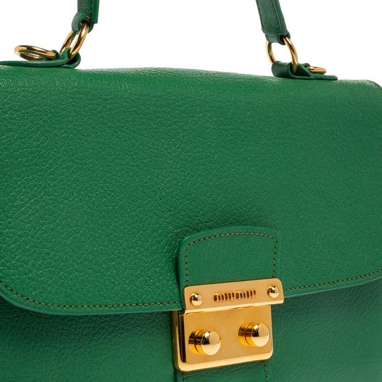 Pre Owned Miu Miu Green Madras Leather Push Lock Flap Top Handle Bag