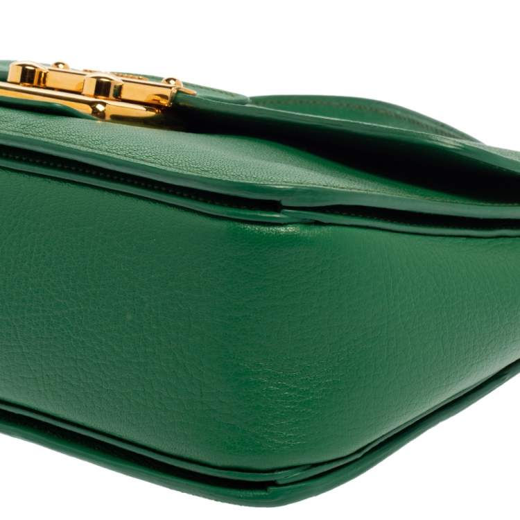 Pre Owned Miu Miu Green Madras Leather Push Lock Flap Top Handle Bag