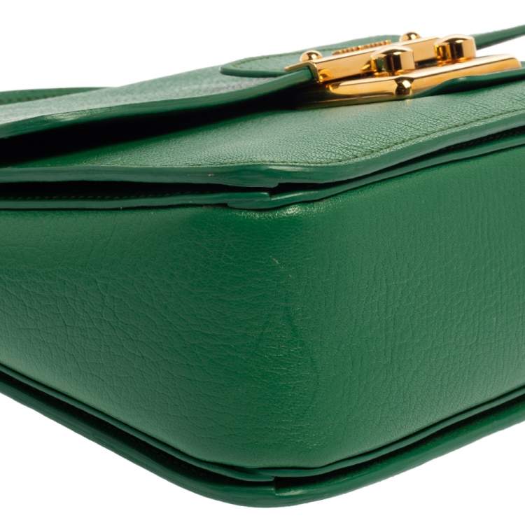 Pre Owned Miu Miu Green Madras Leather Push Lock Flap Top Handle Bag