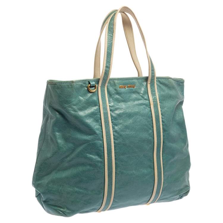 Pre Owned Miu Miu Blue/White Leather Tote