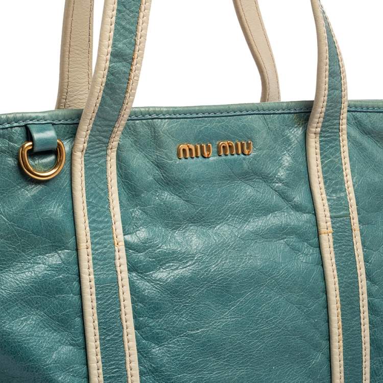 Pre Owned Miu Miu Blue/White Leather Tote