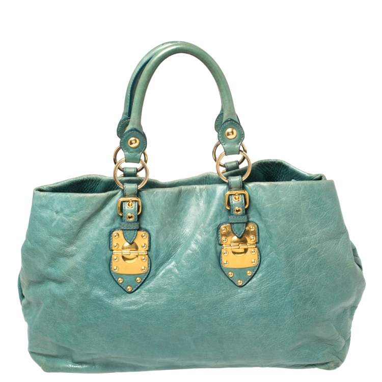 Pre Owned Miu Miu Blue Vitello Shine Leather Tote