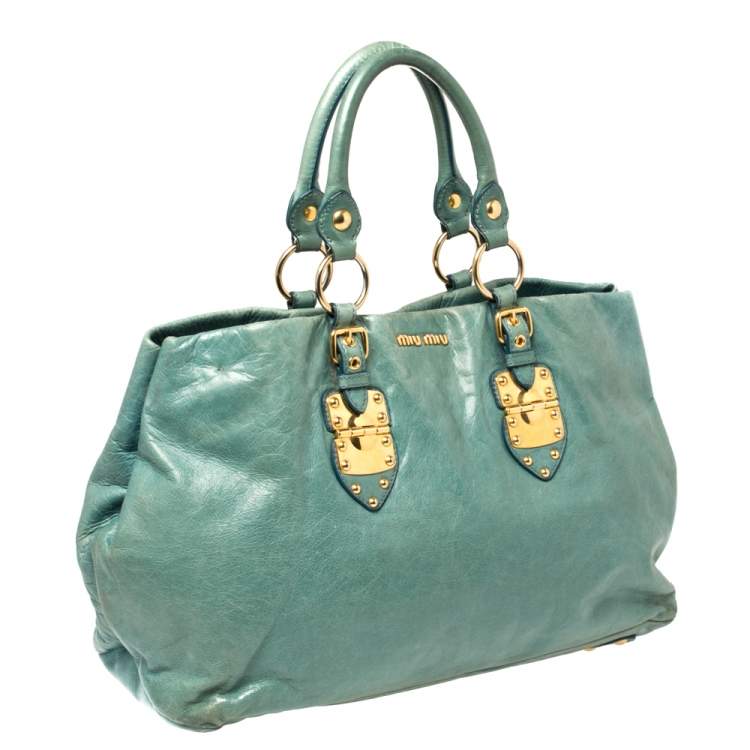 Pre Owned Miu Miu Blue Vitello Shine Leather Tote