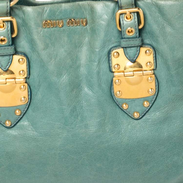 Pre Owned Miu Miu Blue Vitello Shine Leather Tote