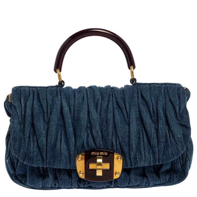  Miu Miu Blue/Gold Matelassé Denim Top Handle Bag