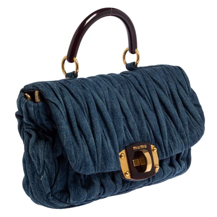  Miu Miu Blue/Gold Matelassé Denim Top Handle Bag