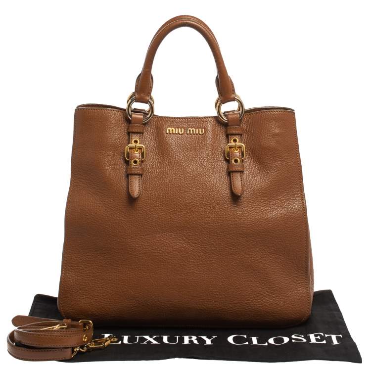 Pre Owned Miu Miu Brown Madras Leather Shopping Tote