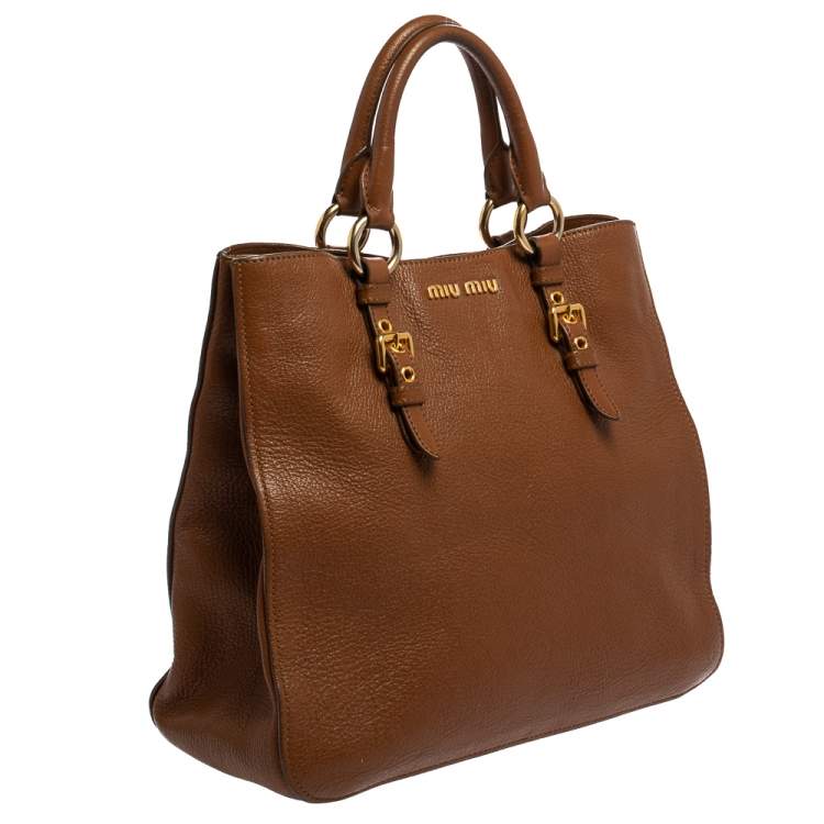 Pre Owned Miu Miu Brown Madras Leather Shopping Tote