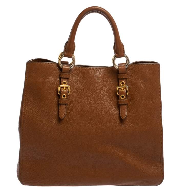 Pre Owned Miu Miu Brown Madras Leather Shopping Tote