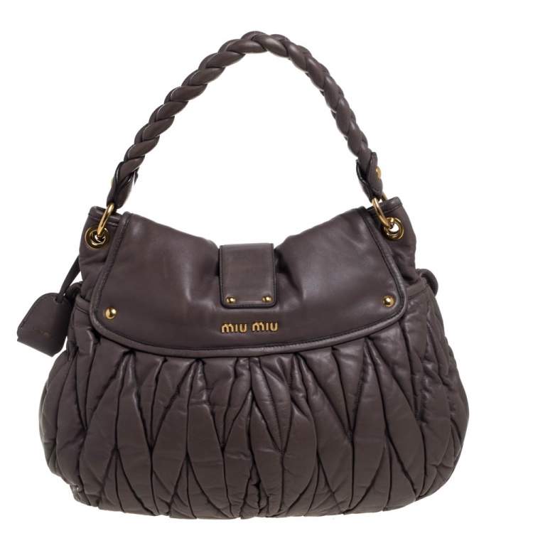 Pre Owned Miu Miu Taupe Matelassé Leather Coffer Hobo