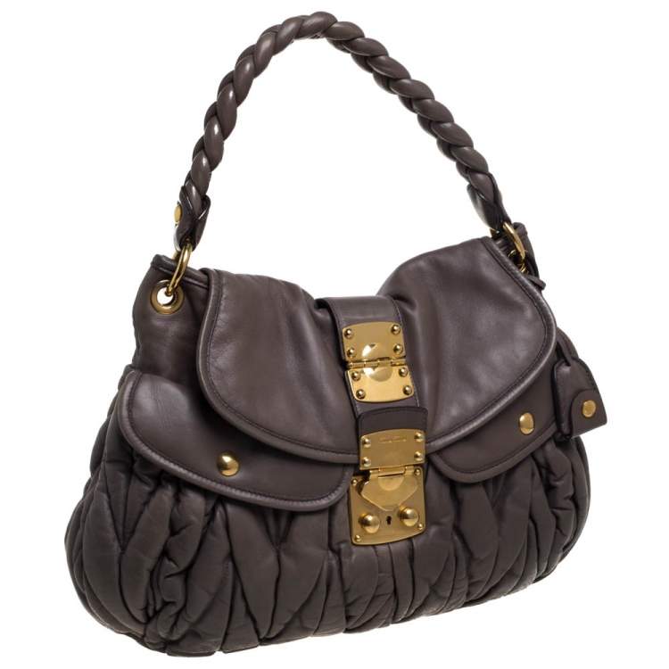 Pre Owned Miu Miu Taupe Matelassé Leather Coffer Hobo