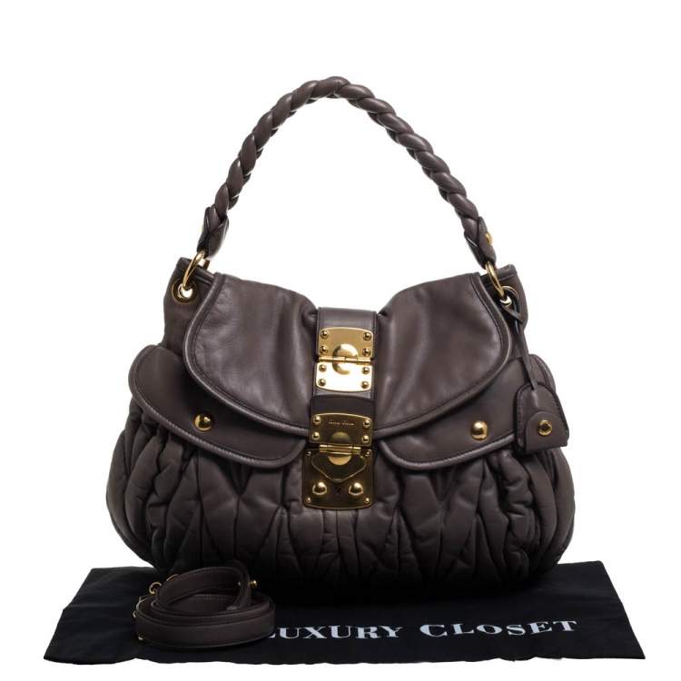 Pre Owned Miu Miu Taupe Matelassé Leather Coffer Hobo