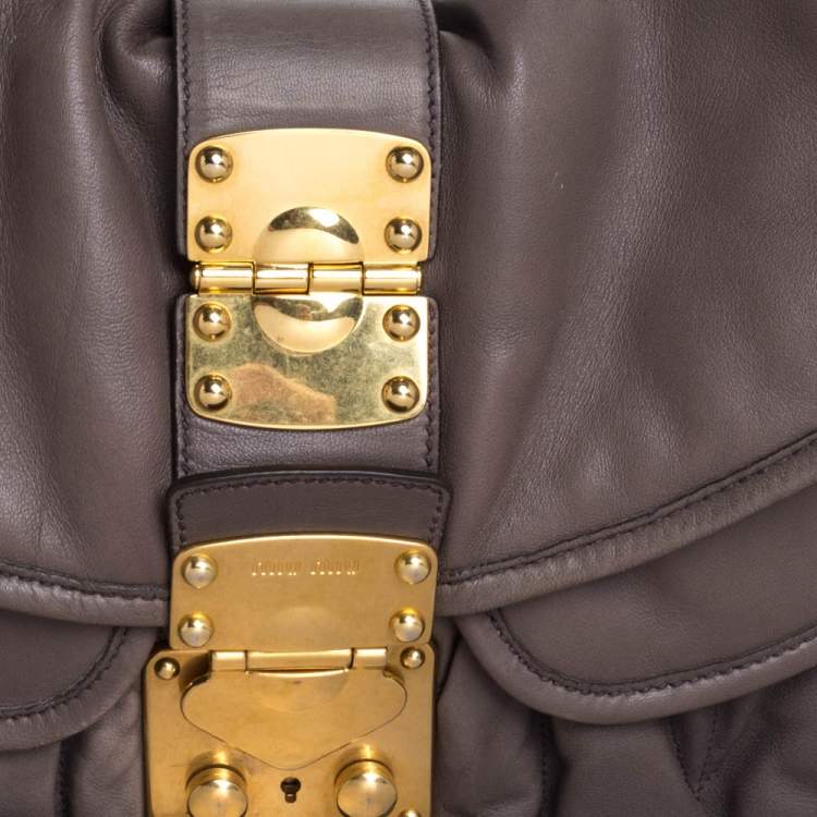 Pre Owned Miu Miu Taupe Matelassé Leather Coffer Hobo