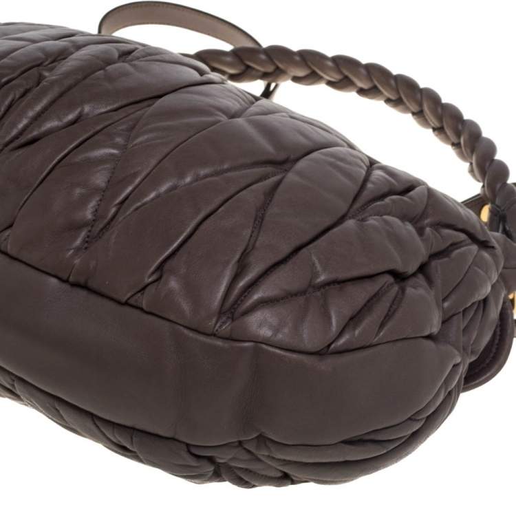 Pre Owned Miu Miu Taupe Matelassé Leather Coffer Hobo