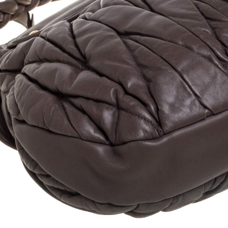 Pre Owned Miu Miu Taupe Matelassé Leather Coffer Hobo