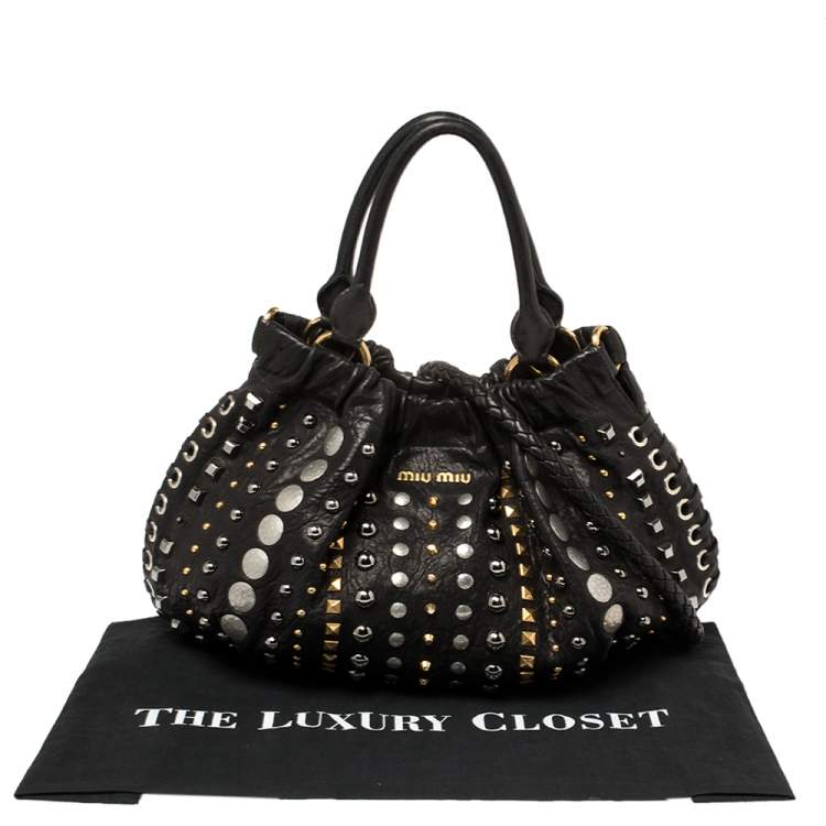 Pre Owned Miu Miu Black Leather Studded Hobo 