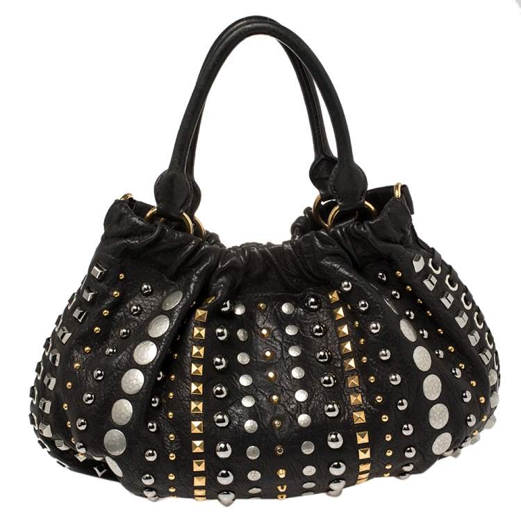 Pre Owned Miu Miu Black Leather Studded Hobo 