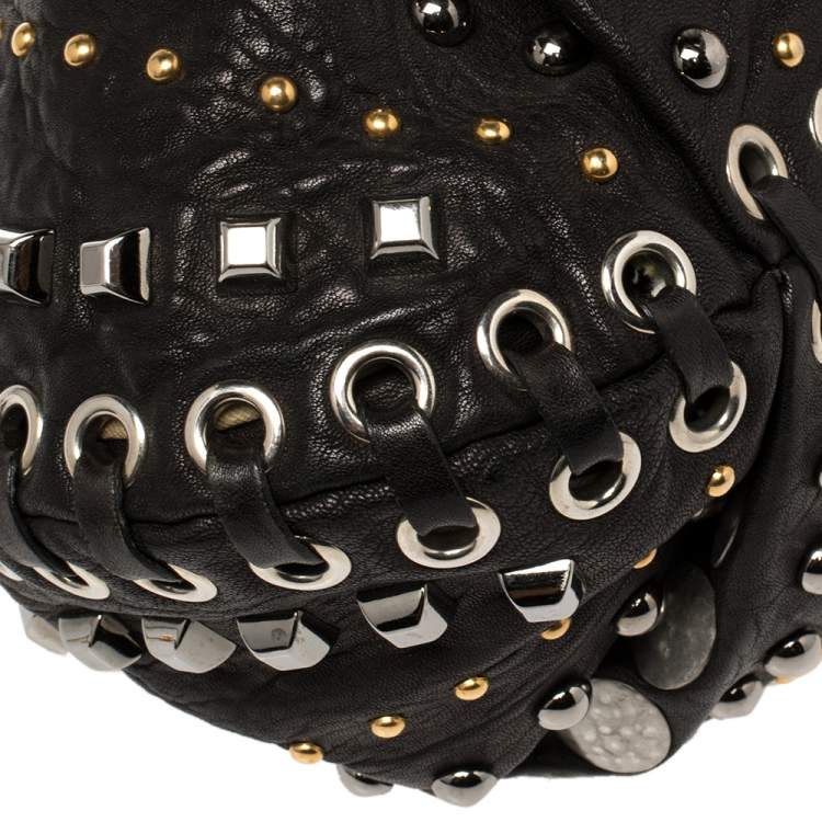 Pre Owned Miu Miu Black Leather Studded Hobo 