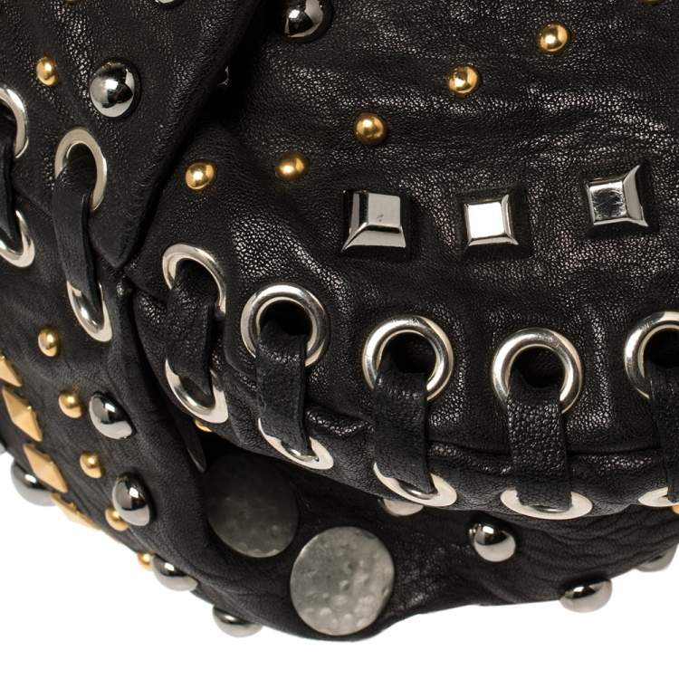 Pre Owned Miu Miu Black Leather Studded Hobo 