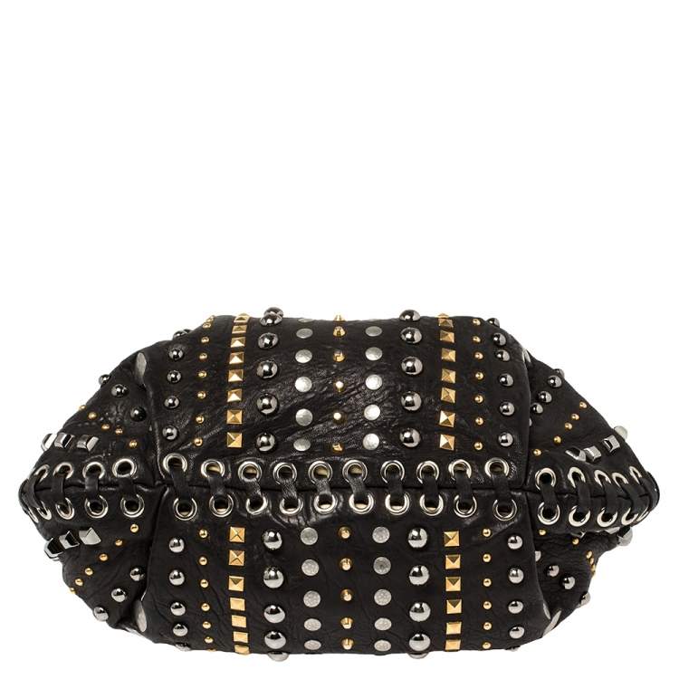 Pre Owned Miu Miu Black Leather Studded Hobo 