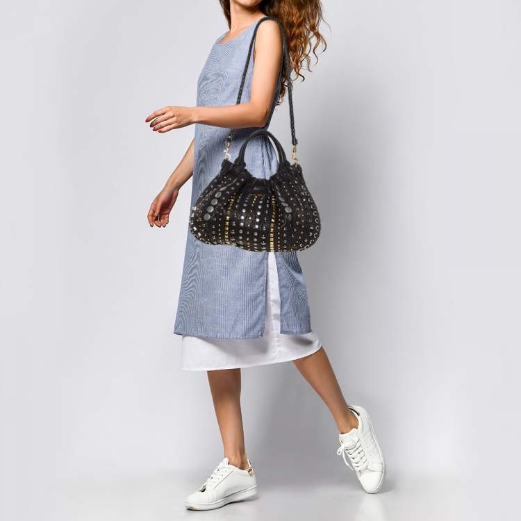 Pre Owned Miu Miu Black Leather Studded Hobo 
