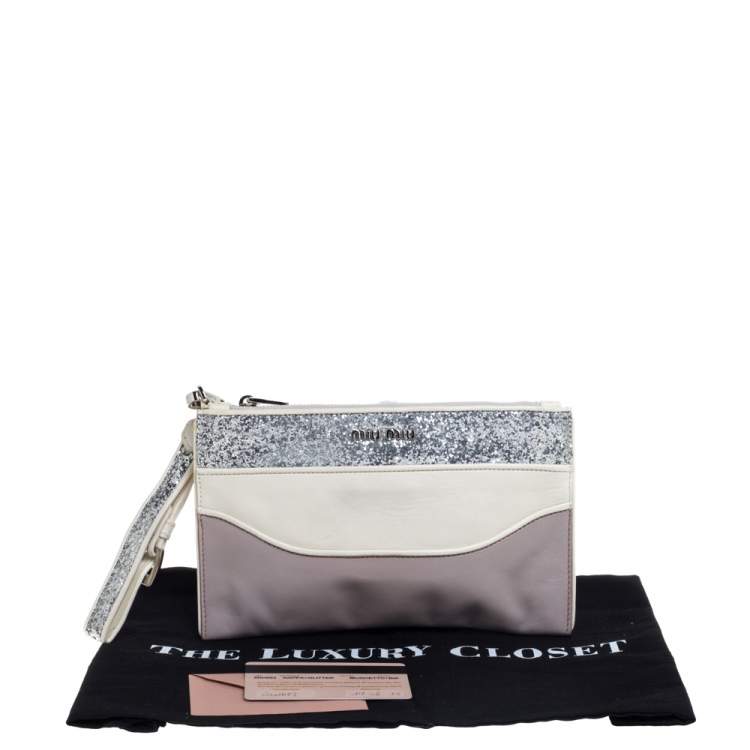 Pre Owned Miu Miu Lilac/White Glitter Leather Wristlet Pouch
