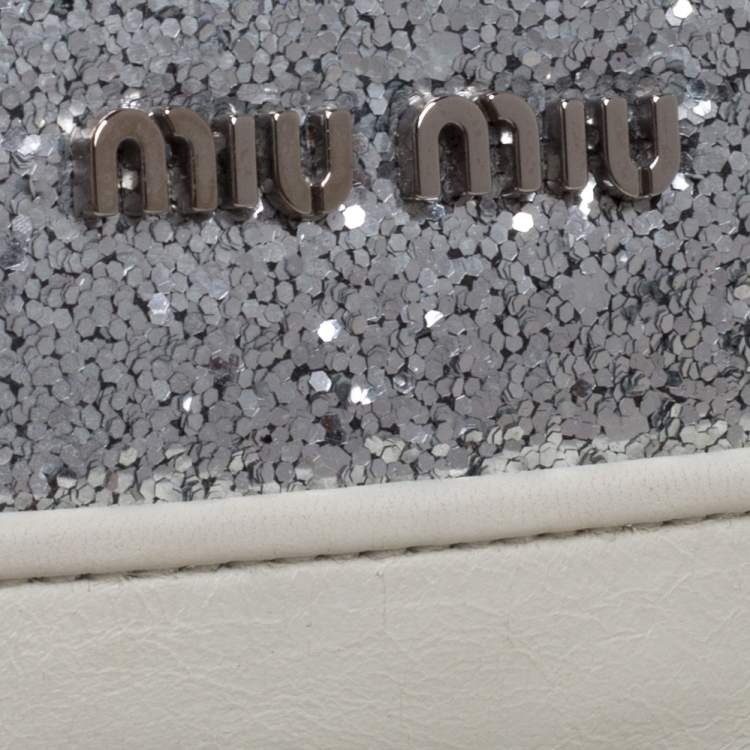 Pre Owned Miu Miu Lilac/White Glitter Leather Wristlet Pouch