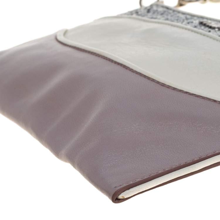 Pre Owned Miu Miu Lilac/White Glitter Leather Wristlet Pouch