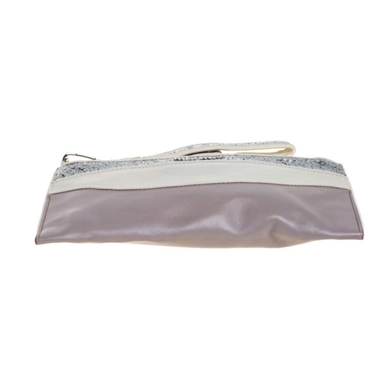 Pre Owned Miu Miu Lilac/White Glitter Leather Wristlet Pouch