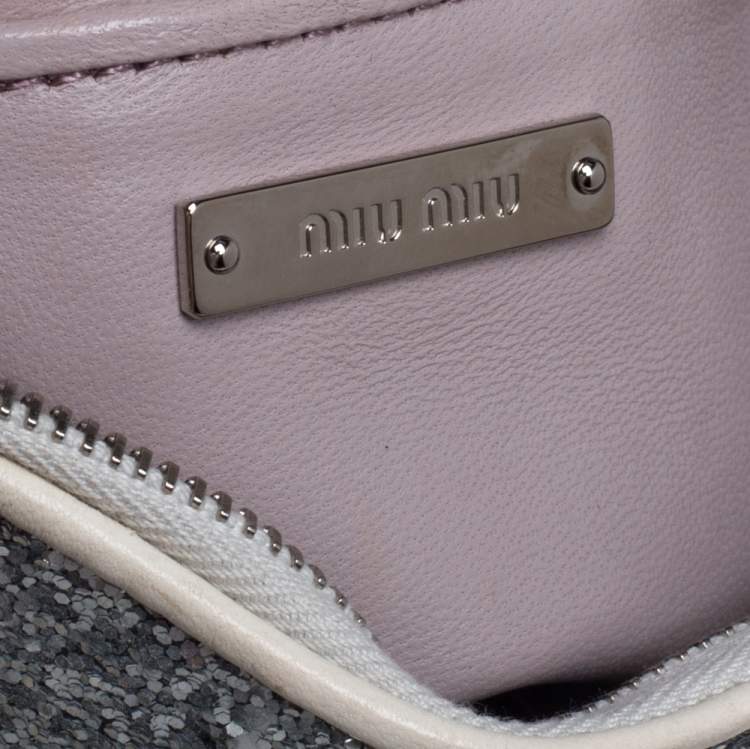 Pre Owned Miu Miu Lilac/White Glitter Leather Wristlet Pouch