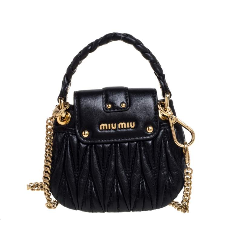 Pre Owned Miu Miu Black Matelasse Leather Coffer Charm Chain Bag