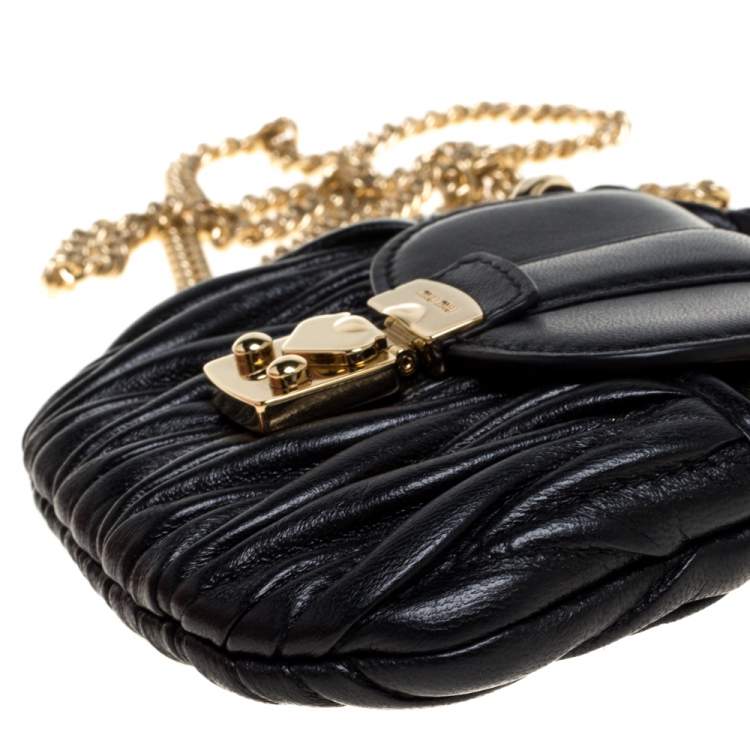 Pre Owned Miu Miu Black Matelasse Leather Coffer Charm Chain Bag