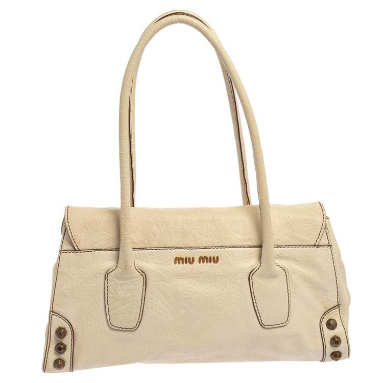 Pre Owned Miu Miu Off White Leather Flap Satchel 