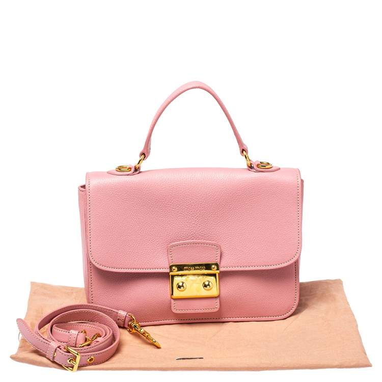 Pre Owned Miu Miu Pink Madras Leather Push Lock Flap Top Handle Bag