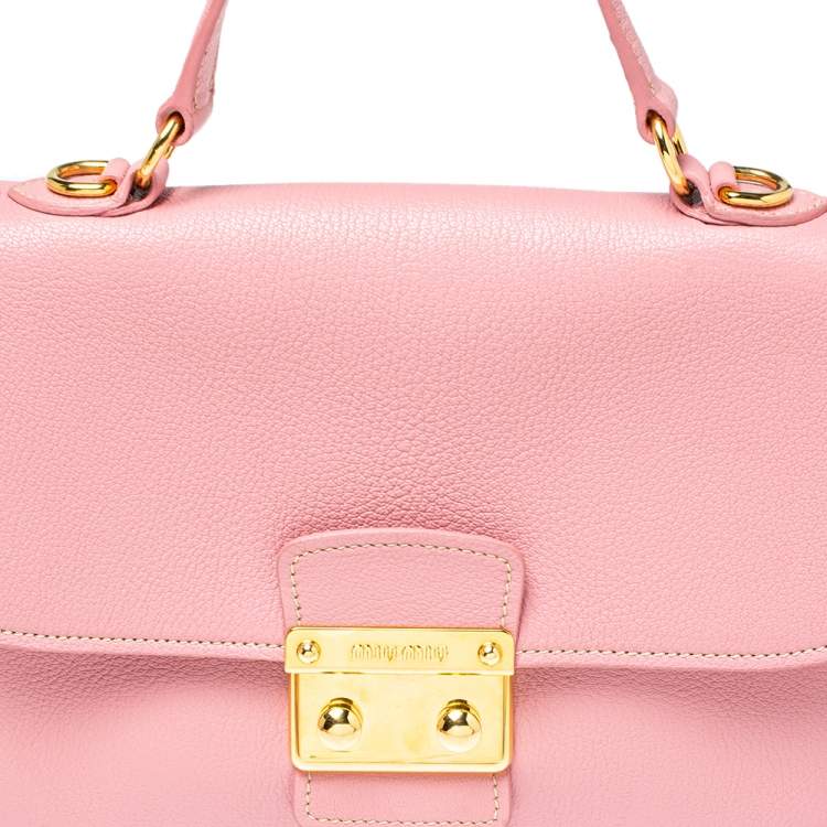 Pre Owned Miu Miu Pink Madras Leather Push Lock Flap Top Handle Bag