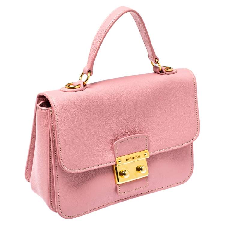 Pre Owned Miu Miu Pink Madras Leather Push Lock Flap Top Handle Bag