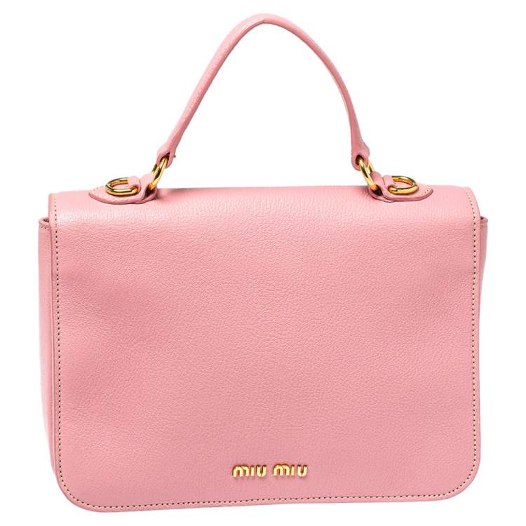 Pre Owned Miu Miu Pink Madras Leather Push Lock Flap Top Handle Bag
