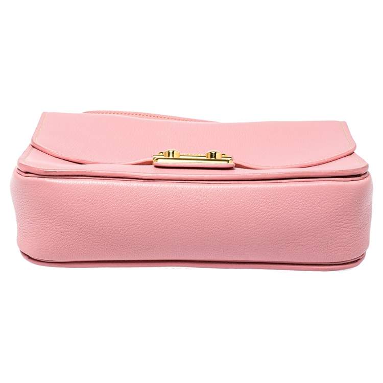 Pre Owned Miu Miu Pink Madras Leather Push Lock Flap Top Handle Bag