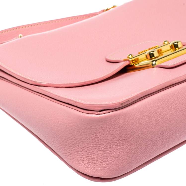 Pre Owned Miu Miu Pink Madras Leather Push Lock Flap Top Handle Bag