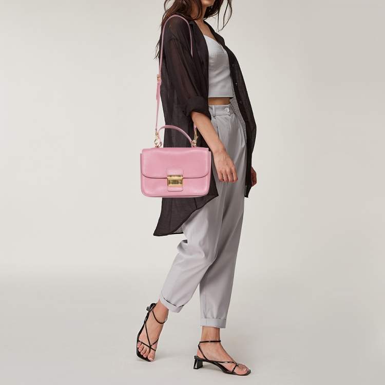 Pre Owned Miu Miu Pink Madras Leather Push Lock Flap Top Handle Bag