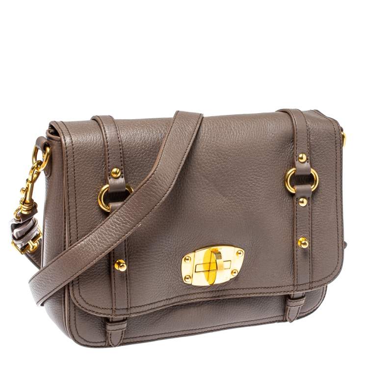 Pre Owned Miu Miu Grey Leather East West Pattina Messenger Bag