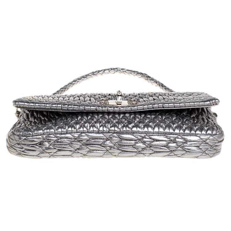 Pre Owned Miu Miu Metallic Silver Matelasse Leather Crystal Shoulder Bag