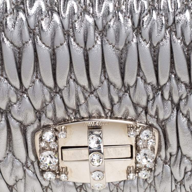 Pre Owned Miu Miu Metallic Silver Matelasse Leather Crystal Shoulder Bag