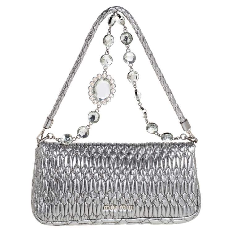 Pre Owned Miu Miu Metallic Silver Matelasse Leather Crystal Shoulder Bag