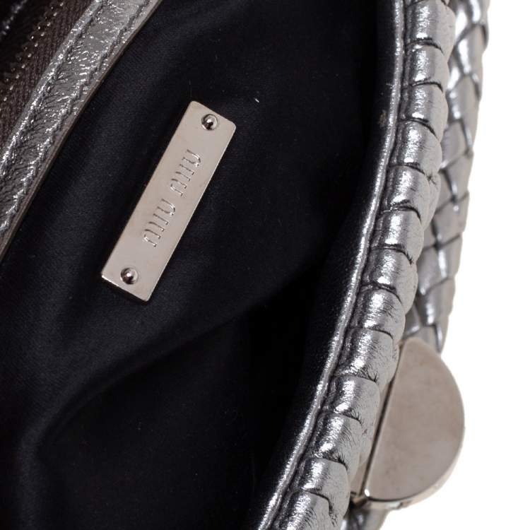 Pre Owned Miu Miu Metallic Silver Matelasse Leather Crystal Shoulder Bag