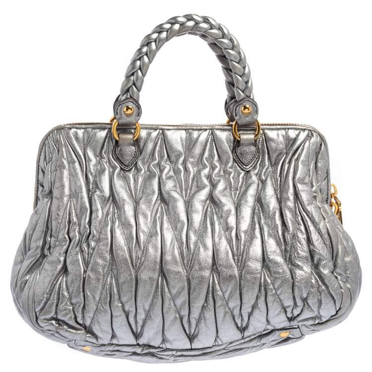 Pre Owned Miu Miu Metallic Grey Matelasse Leather Special Edition 08/08 Frame Satchel