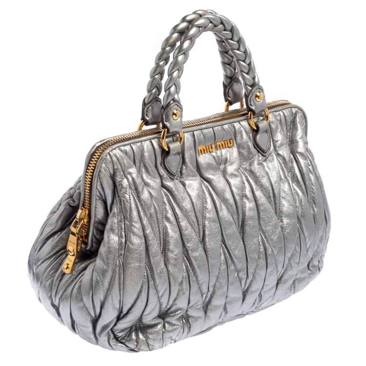 Pre Owned Miu Miu Metallic Grey Matelasse Leather Special Edition 08/08 Frame Satchel