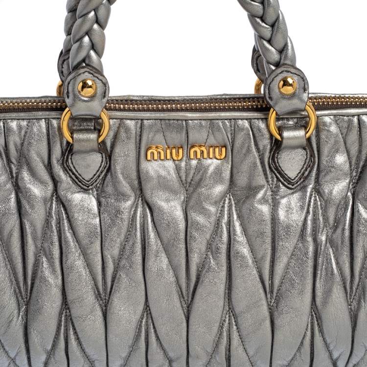 Pre Owned Miu Miu Metallic Grey Matelasse Leather Special Edition 08/08 Frame Satchel